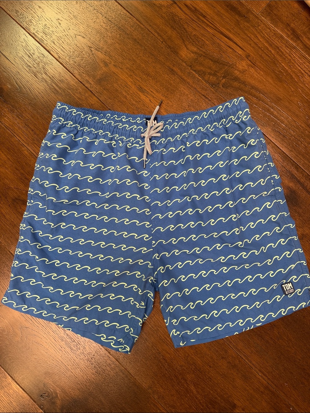 Tom & Teddy - Mens Waves Print Swim Trunks - Blue & Seafoam - Size: XXL